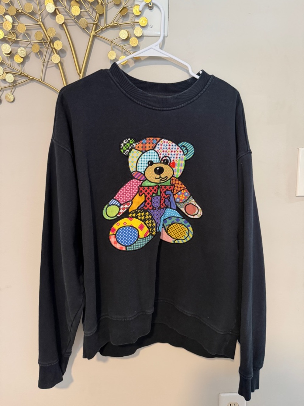 Teddy Fresh Black Crewneck with Colorful Patchwork Bear